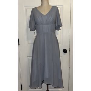 New JJ's House Dusty Blue Midi Flutter Sleeve V Neck Formal Dress Size‎ 4